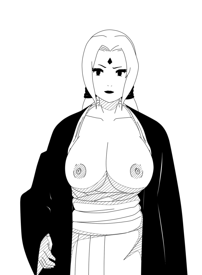 1girls areolae breasts breasts_out clothed clothes eyelashes female healer human kimono large_breasts lipstick long_hair looking_at_viewer monochrome naruto nipples no_bra solo tsunade twintails white_background