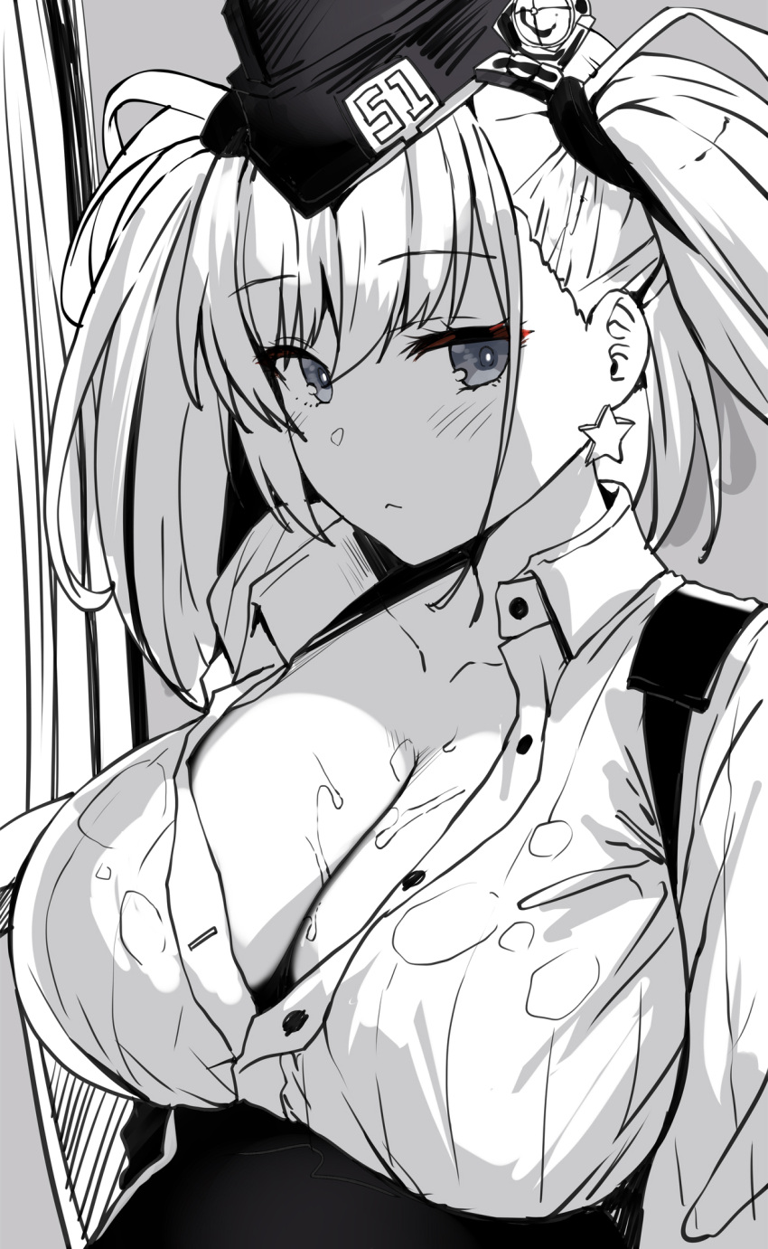 1girls atlanta_(kantai_collection) bangs belko big_breasts blush blush_lines breasts cleavage collared_shirt earrings eyebrows eyebrows_visible_through_hair female female_only hair headwear hi_res kantai_collection monochrome shirt solo star_earrings twintails unbuttoned unbuttoned_shirt