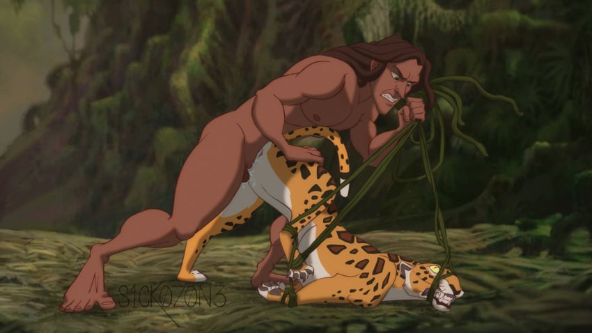 angry angry_sex balls bodily_fluids clenched_teeth cum cum_in_pussy cum_inside disney duo felid female female_penetrated feral feral_penetrated forced from_behind_position genital_fluids genitals hi_res human human_on_feral human_penetrating human_penetrating_feral interspecies jaguar male male/female male_on_feral male_penetrating mammal pantherine penetration plant rape restrained_legs restraints s1ck0z0n3 sabor sex tarzan tarzan_(1999_film) tarzan_(character) tarzan_(disney) teeth vaginal_penetration vines walt_disney zoophilia