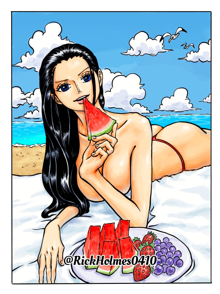 1girls accurate_art_style ass beach big_ass big_breasts bikini bikini_top_removed black_hair blue_eyes breasts female female_only huge_breasts large_ass large_breasts nico_robin one_piece rickholmes solo solo_female topless