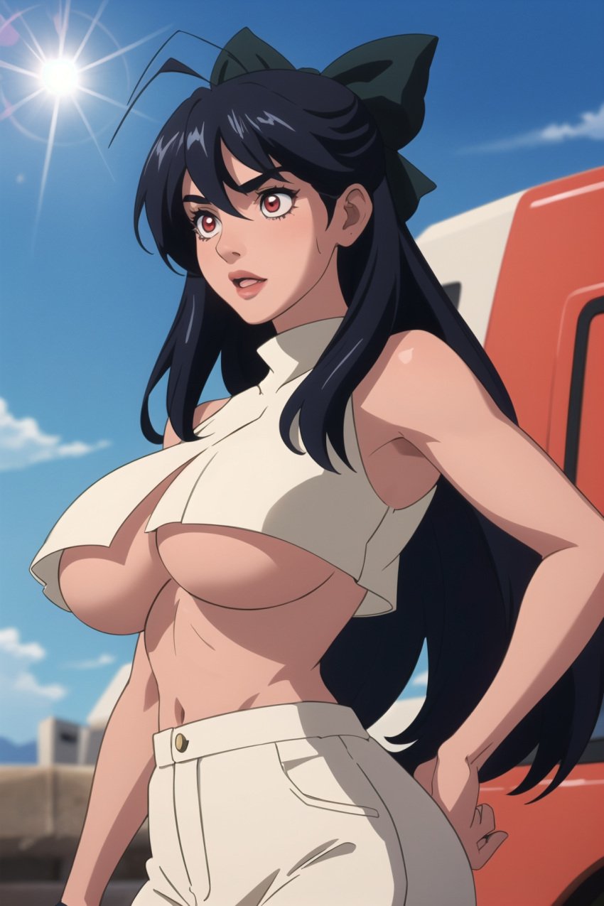 ai_generated black_hair breasts female hamyuts_meseta huge_breasts large_breasts long_hair red_eyes ribbon solo tatakau_shisho the_book_of_bantorra voluptuous_female