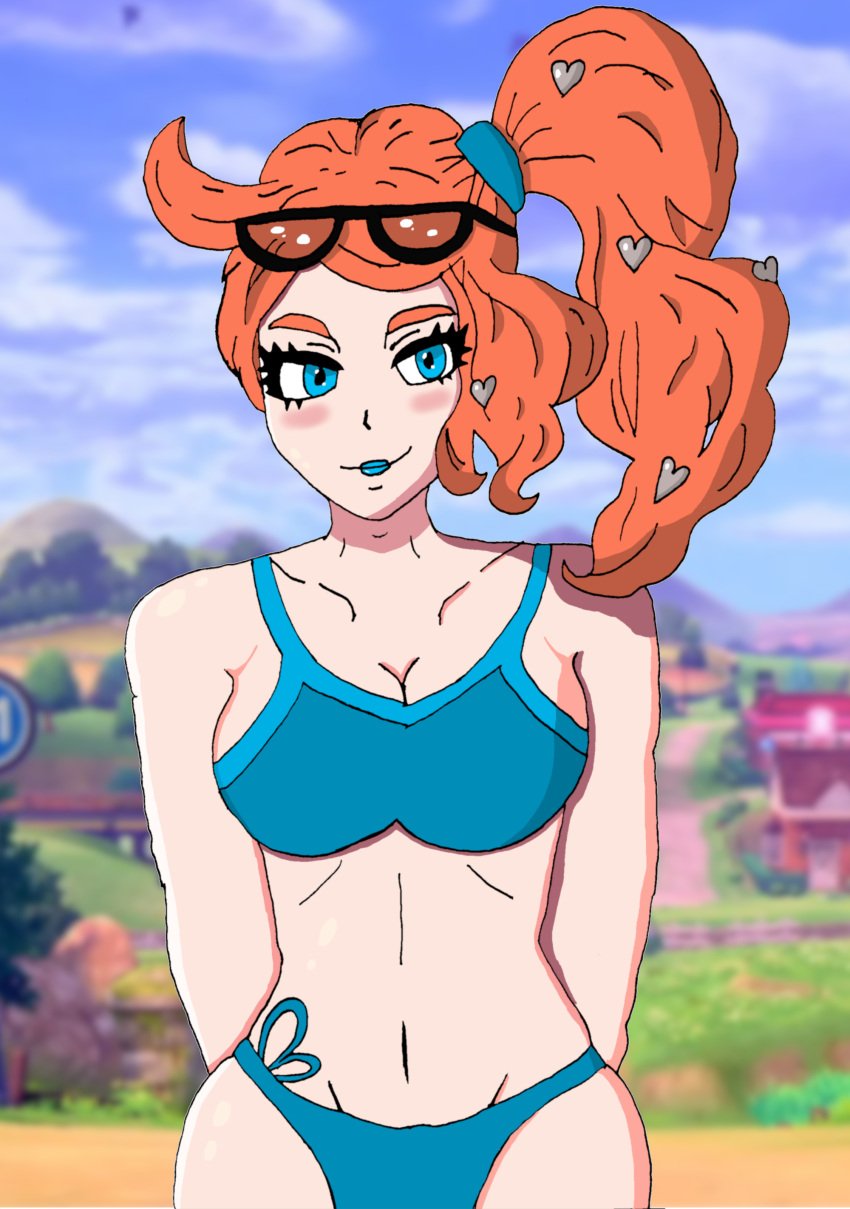 2d bikini bikini_bottom bikini_top blue_eyes blush breasts exposed_torso hands_on_ass hips looking_at_viewer nintendo orange_hair pokemon smiling_at_viewer sonia_(pokemon)