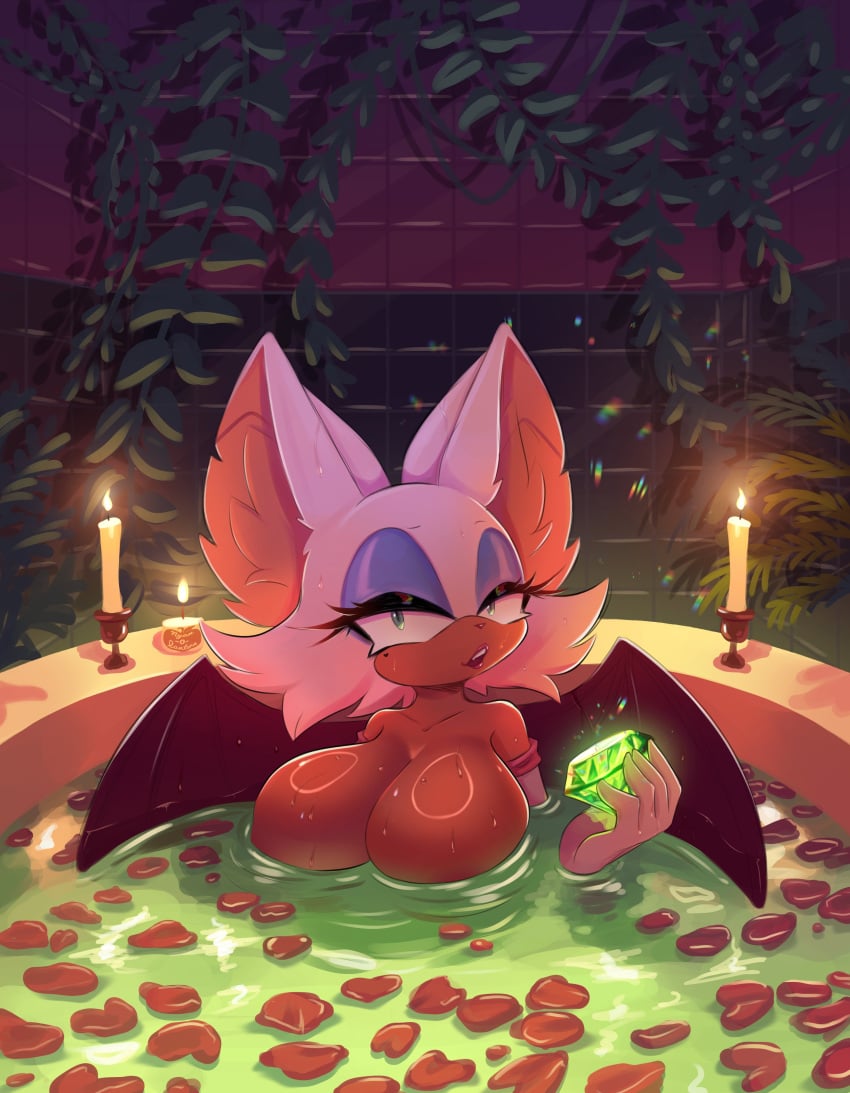 bath bathing bathtub big_breasts breasts brown_skin candle chaos_emerald cleavage furry furry_only glossy huge_boobs huge_breasts large_boobs large_breasts nyan_o_lantern(artist) redraw rose_petals rouge_the_bat sega shiny_skin sonic_(series) sonic_the_hedgehog_(series) wet_body white_fur wings