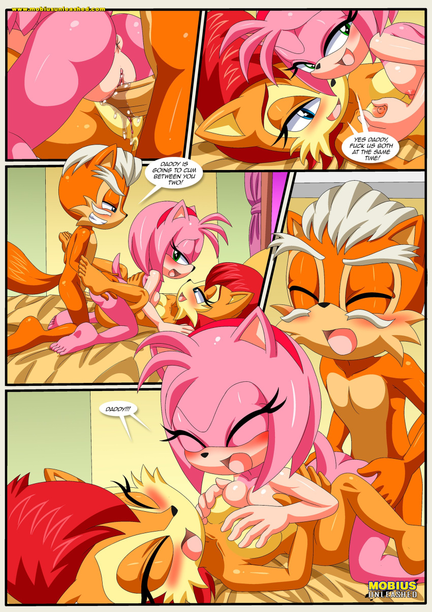 1boy 2girls amy_rose anthro anus ass balls barefoot bbmbbf bed bedroom blush breast_grab breasts comic dialogue father_and_daughter female female/female incest male male/female maximilian_acorn mobius_unleashed nipples nude palcomix penis pussy pussy_juice sally_acorn sega sex small_breasts sonic_(series) sonic_the_hedgehog_(series) speech_bubble threesome vaginal vaginal_penetration vaginal_sex who_is_your_daddy_(comic)