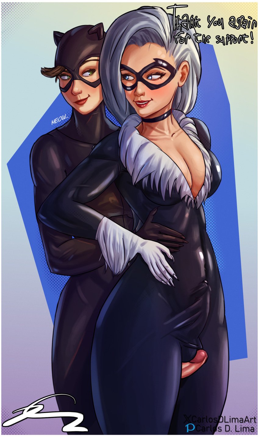 2futas batman_(series) big_breasts black_cat_(marvel) blue_eyes breasts bulge carlosdlimaart catwoman cock cock_bulge cum dc dc_comics felicia_hardy futa_on_futa futa_only futanari lipstick looking_at_another looking_at_partner looking_back marvel marvel_comics mask selina_kyle skin_tight smile smirk spider-man_(series) suit tagme thigh_sex thighs veiny_breasts white_hair