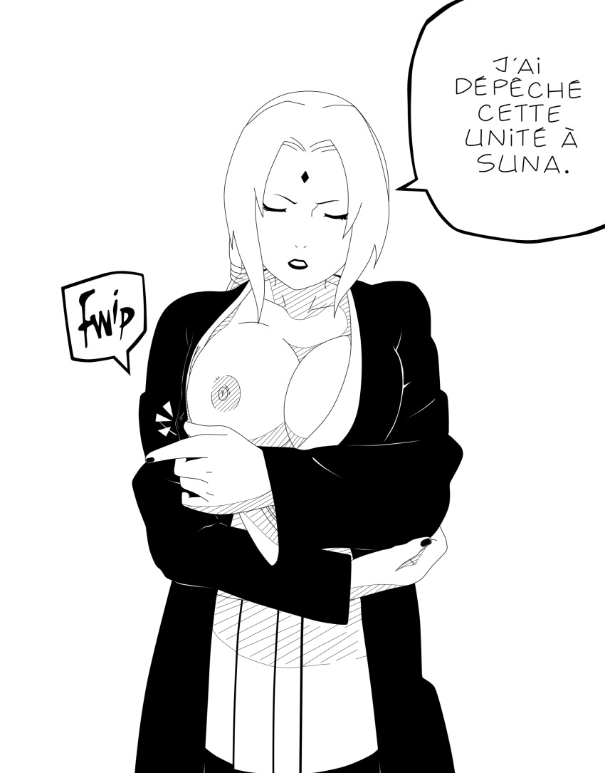 1girls areolae breasts closed_eyes clothed clothes crossed_arms eyelashes female healer human kimono large_breasts lipstick long_hair looking_at_viewer monochrome naruto nipples no_bra one_breast_out solo text tsunade twintails white_background