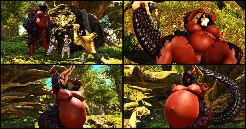 au_ra belly_bulge big_belly big_breasts big_thighs black_hair breasts_out chocobo dark_hair dragoness female female_only female_pred female_predator female_prey ffxiv final_fantasy_xiv forest forest_background gpose(ffxiv) hand_on_belly horns horns_girl hyur legs legs_apart matrons_elf nude nude_female scales size_difference struggling_prey tail thick_legs thick_thighs vore vore_belly