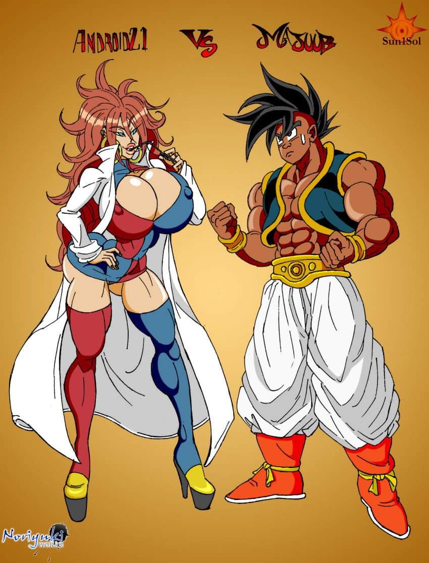 1boy 1girls abs alternate_version_available android_21 android_21_(human) bare_shoulders belt big_breasts black_eyes black_hair blue_eyes brown_hair busty cleavage cleavage_cutout coat color colored curvy dark-skinned_male dark_skin dragon_ball dragon_ball_fighterz dragon_ball_gt dress erect_nipples eyelashes female front_view glasses hand_on_hip high_heels holding_object hourglass_figure human long_hair majuub male muscles muscular muscular_male nipple_bulge shoes short_hair standing sun1sol text uub video_games voluptuous wide_hips