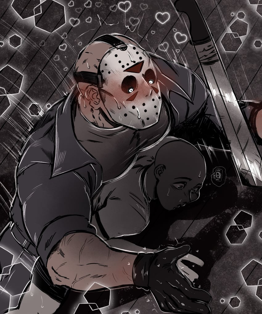 2boys ambiguous_gender ambiguous_penetrated ambiguous_penetration anon anonymous_character black_and_white blush_lines dominant_male friday_the_13th friday_the_13th:_the_game gay jason_voorhees killer majormelon1 male male_only masked monster_on_male nightmare_husbando no_nude pinned_down pinned_to_floor prone_bone serial_killer submissive_ambiguous yaoi