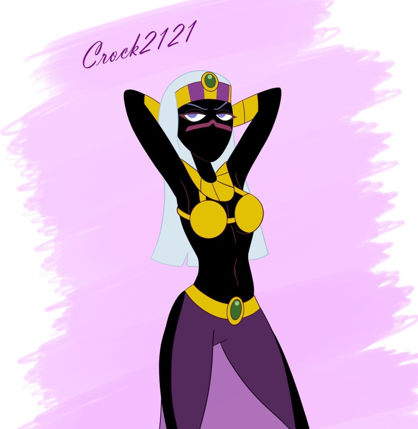 alien alien_girl alien_humanoid armbands black_body crock2121 crock21211 crown duck_dodgers facial_mark golden_bikini_top hands_behind_head jewelry looney_tunes martian martian_(duck_dodgers) purple_eyebrows purple_eyes purple_skirt queen_tyr'ahnee see-through_skirt slit_skirt unamused warner_brothers white_hair