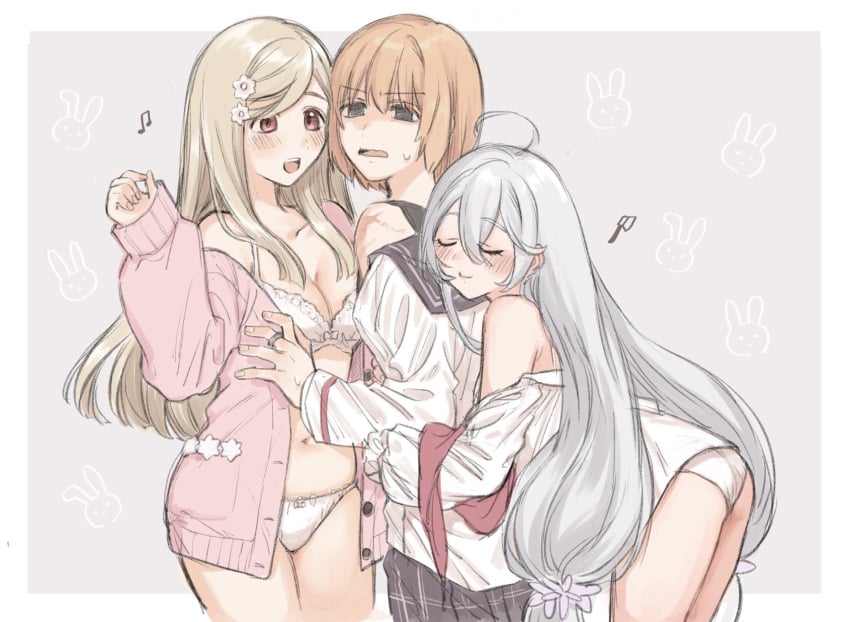 3girls alexandra_kurusu aoba_chika blonde_hair blush blush_lines blushing character_request female female_focus female_only human human_only kurusu_alexandra magia_record:_mahou_shoujo_madoka_magica_gaiden magical_girl mahou_shoujo_madoka_magica orange_hair puella_magi_madoka_magica white_hair white_skin white_skinned_female yuxir0