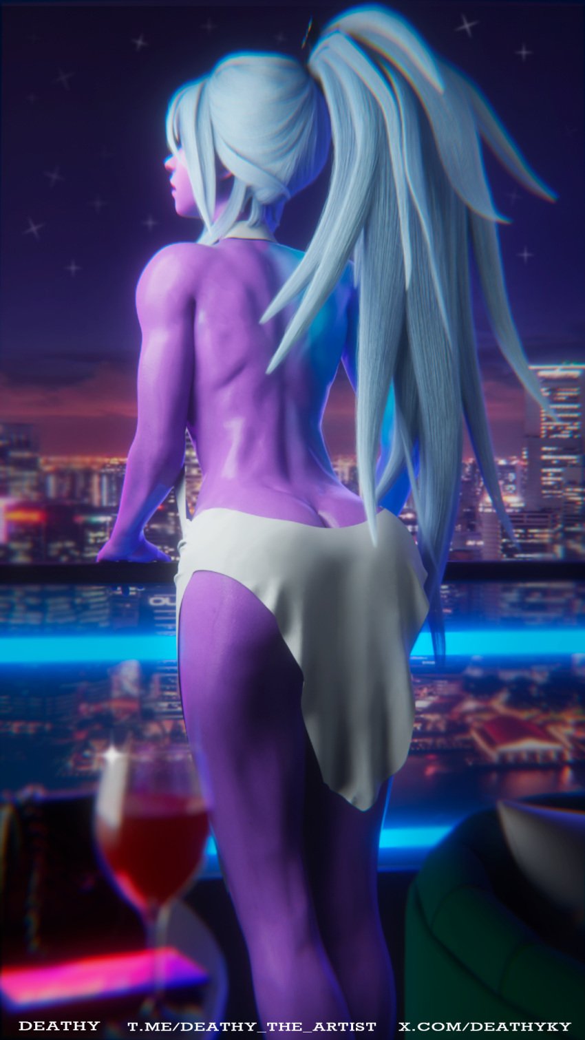 3d 3d_(artwork) back back_view balcony blender blender_(software) blender_cycles deathy dota_2 dress drow_ranger female female_focus female_only muscular muscular_female night purple_skin white_hair wine_glass