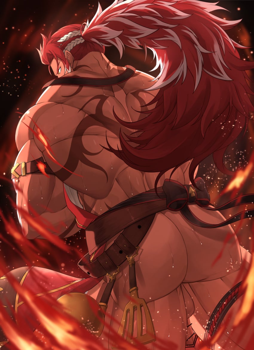 1boy alternate_costume apron armband ass back_tattoo bar_censor bara bellsaltr black_background censored feet_out_of_frame fire granblue_fantasy highres huge_ass leather leather_belt light_particles long_hair male_focus manly mature_male multicolored_hair muscular muscular_male official_alternate_costume penis ponytail red_hair simple_background solo spatula spiked_hair spoon tan tattoo testicles thick_arms thick_thighs thighs white_hair wilnas_(apron_of_ardor)_(granblue_fantasy) wilnas_(granblue_fantasy) yellow_eyes