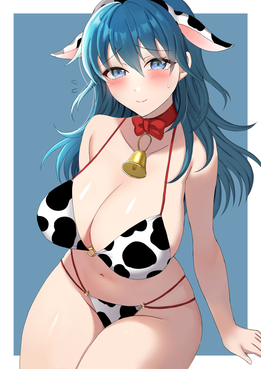 1girls bare_thighs bell bikini blue_eyes blush breasts byleth_(fire_emblem) byleth_(fire_emblem)_(female) cleavage cow_bell cow_ears cow_girl cow_print cow_print_bikini female female_only fire_emblem fire_emblem:_three_houses flying_sweatdrops large_breasts looking_at_viewer nintendo ribbon shy shy_smile smile solo sweat tara_(szzj7733) teal_hair thick_thighs thighs