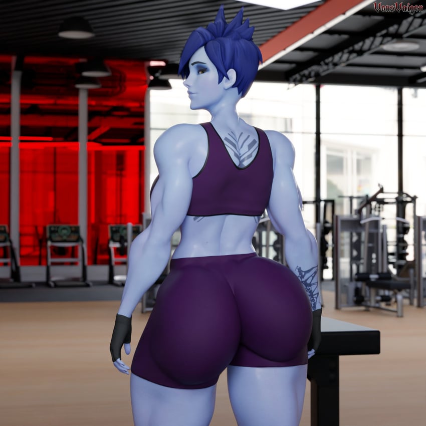 1girls 3d abs amelie_lacroix ass big_ass big_breasts black_fingernails black_nails blizzard_entertainment blue_hair elbow_sleeve female female_only fit fit_female gym looking_at_viewer muscular muscular_female muscular_thighs oiled oiled_skin oily overwatch overwatch_2 purple-skinned_female purple_skin short_hair shorts solo solo_female tattoo tattoo_on_stomach thick_thighs thunder_thighs tracer_(cosplay) vonsvaigen wide_hips widowmaker yellow_eyes