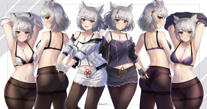 1girls ass bare_shoulders black_legwear bra breasts cat_ears catgirl cleavage core_crystal doiparuni gloves green_eyes highres legwear looking_at_viewer medium_breasts midriff mio_(xenoblade) navel panties short_hair sideboob skirt smile solo thick_thighs underwear white_hair white_skirt xenoblade_(series) xenoblade_chronicles_3