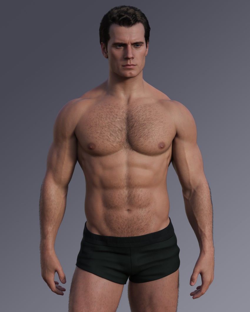 1boy 1human 3d 3d_model actor black_boxers blue_eyes celebrity dark_brown_hair geserty hairy hairy_male henry_cavill lean_muscle light-skinned_male light_skin male male_focus male_only muscles muscular muscular_male real_person realistic solo solo_male