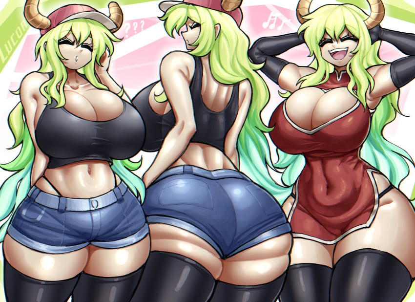 ? ??? ass baseball_cap big_ass big_breasts black_tank_top black_thighhighs breast_squeeze breasts breasts_bigger_than_head cleavage cleavage_cutout cleavage_overflow closed_eyes dress female_only girl goddess gradient_hair green_hair horns hourglass_figure jean_shorts jeans light-skinned_female light_skin looking_at_viewer looking_back lucoa lucoa_(maidragon) midriff midriff_baring_shirt miniskirt miss_kobayashi&#039;s_dragon_maid musical_note o_face open_mouth open_smile qipao quetzalcoatl_(dragon_maid) red_dress shiny_breasts shiny_clothes shiny_skin sideboob simple_background skirt smile tank_top thigh_squish thighhighs thighs thong thong_straps tight_tank_top zzzhodazzz