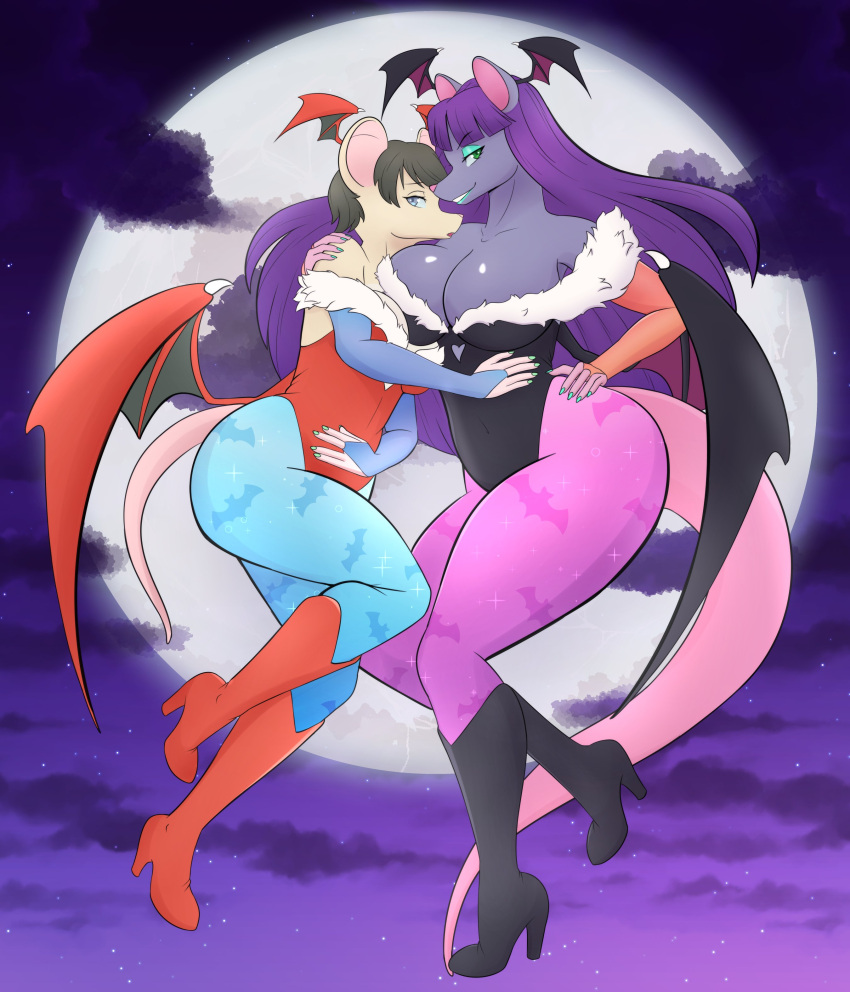 2022 2girls anthro bat_print big_breasts black_hair blue_eyeshadow blue_lipstick blue_pantyhose capcom cosplay darkstalkers dulce_ratoncita female female_only full_moon gauntlets green_eyes grey_body grey_eyes hand_on_hip hand_on_shoulder head_wings heel_boots leotard lilith_aensland_(cosplay) long_hair looking_at_viewer mary_(dulce_ratoncita) morrigan_aensland_(cosplay) murid murine pantyhose pink_pantyhose purple_hair rat rodent short_hair smiling smiling_at_viewer succubus_wings tail thick_thighs very_high_resolution wings yuri