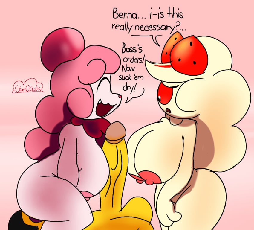 alcremie animate_inanimate anthro anthro_only areolae big_breasts breasts canine closed_eyes dialogue food_creature furry hi_res huge_breasts huge_cock nipples open_mouth penis pokémon_(species) pokemon slurpuff stormcloudsart strawberry tagme text thick_thighs tongue