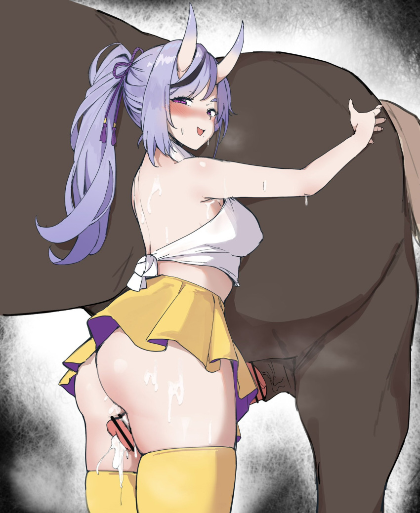 alternate_costume alternate_hairstyle ambulocetus animal_penis ass black_hair blush breasts censor_bar censored covered_nipples cum cum_on_ass cum_on_legs female from_below from_side gradient_horns hair_between_horns highres hikimayu horns horse horse_penis horsecock large_breasts long_hair looking_at_viewer mole mole_under_mouth multicolored_hair multicolored_horns nijisanji oni open_mouth penis pleated_skirt ponytail purple_eyes purple_hair rindou_mikoto short_eyebrows skin-covered_horns skindentation skirt smile solo streaked_hair sweat thick_eyebrows thick_thighs thigh_sex thighhighs thighs virtual_youtuber yellow_skirt yellow_thighhighs zoophilia