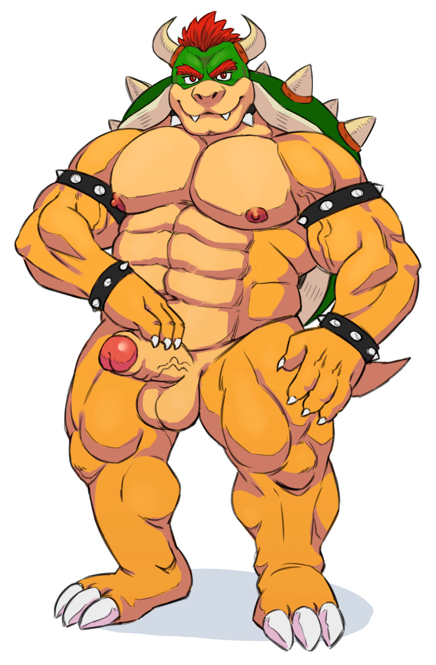 1boy 2018 3_toes 4_fingers abs anthro balls ballsack bara baradok beefy bowser bracelet claws collar erection foreskin front_view full_body green_head growlygruntz hand_on_penis horns humanoid_penis intact jewelry looking_at_viewer male male_nipples male_only mario_(series) masculine mature_male muscles muscular_male navel nintendo nude_male partially_retracted_foreskin pecs penis red_eyes red_hair reptile scalie scrotum simple_background smile solo spiked_bracelet spiked_collar spikes standing testicles toes uncut vein veiny_penis video_games white_background