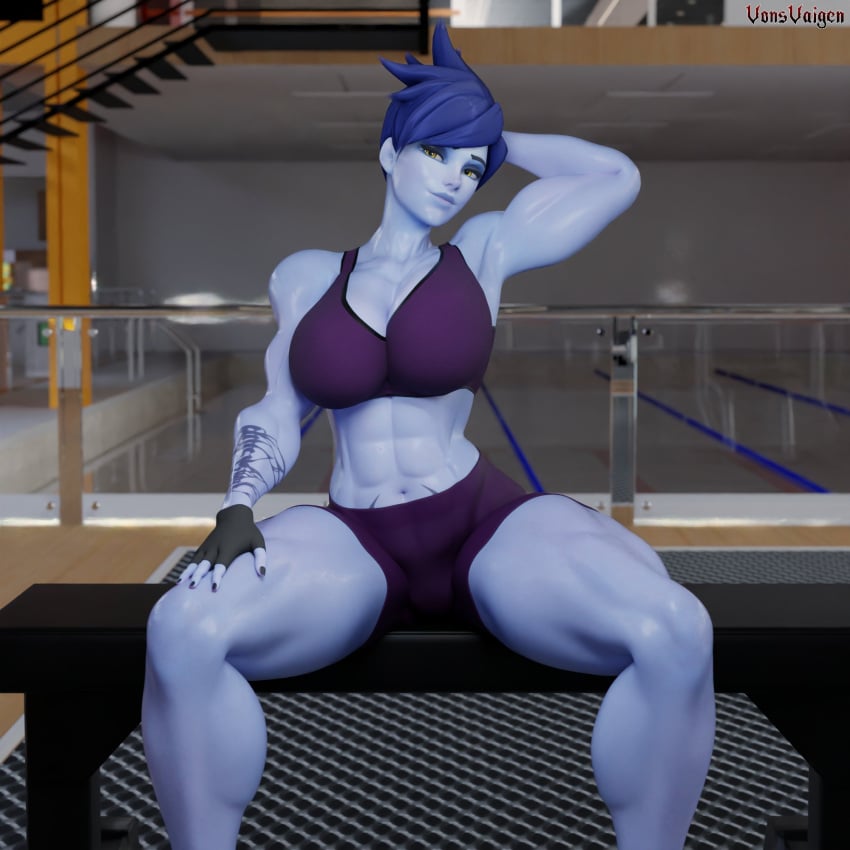 1girls 3d abs amelie_lacroix ass big_ass big_breasts black_fingernails black_nails blizzard_entertainment blue_hair elbow_sleeve female female_only fit fit_female gym looking_at_viewer muscular muscular_female muscular_thighs oiled oiled_skin oily overwatch overwatch_2 purple-skinned_female purple_skin short_hair shorts solo solo_female tattoo tattoo_on_stomach thick_thighs thunder_thighs tracer_(cosplay) vonsvaigen wide_hips widowmaker yellow_eyes