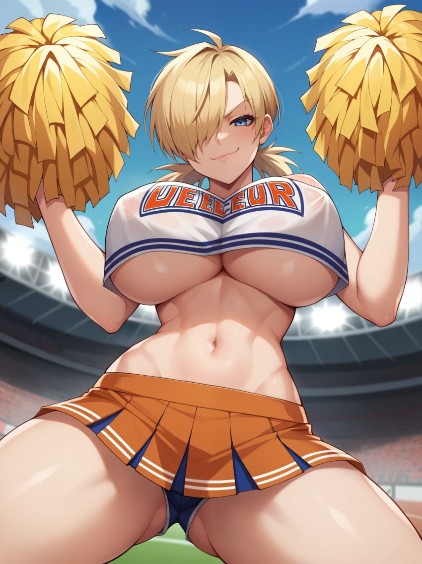 1girls ai_generated athletic athletic_female bare_midriff belly_button blonde_hair blue_eyes breasts cameltoe cheering cheerleader cheerleader_outfit cheerleader_uniform closed_mouth crop_top female female_focus female_only hair hair_over_one_eye hellsing_ultimate hjqjjwbeb huge_breasts large_breasts large_thighs looking_at_viewer looking_down midriff narrow_waist navel no_bra pleated_skirt pom_poms seras_victoria short_twintails skirt sky smirk smug smug_face smug_grin solo stadium stadium_background stomach thick_thighs thighs tummy underboob vampire vampire_girl waist