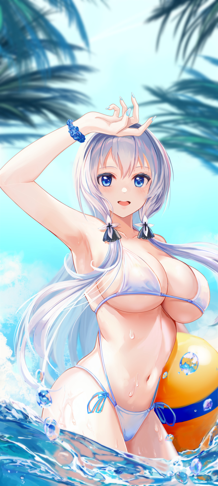 azur_lane beach beach_ball bikini blue_nails huge_breasts illustrious_(azur_lane) nail_polish painted_fingernails palm_tree partially_submerged swimsuit wading wet_body wet_skin