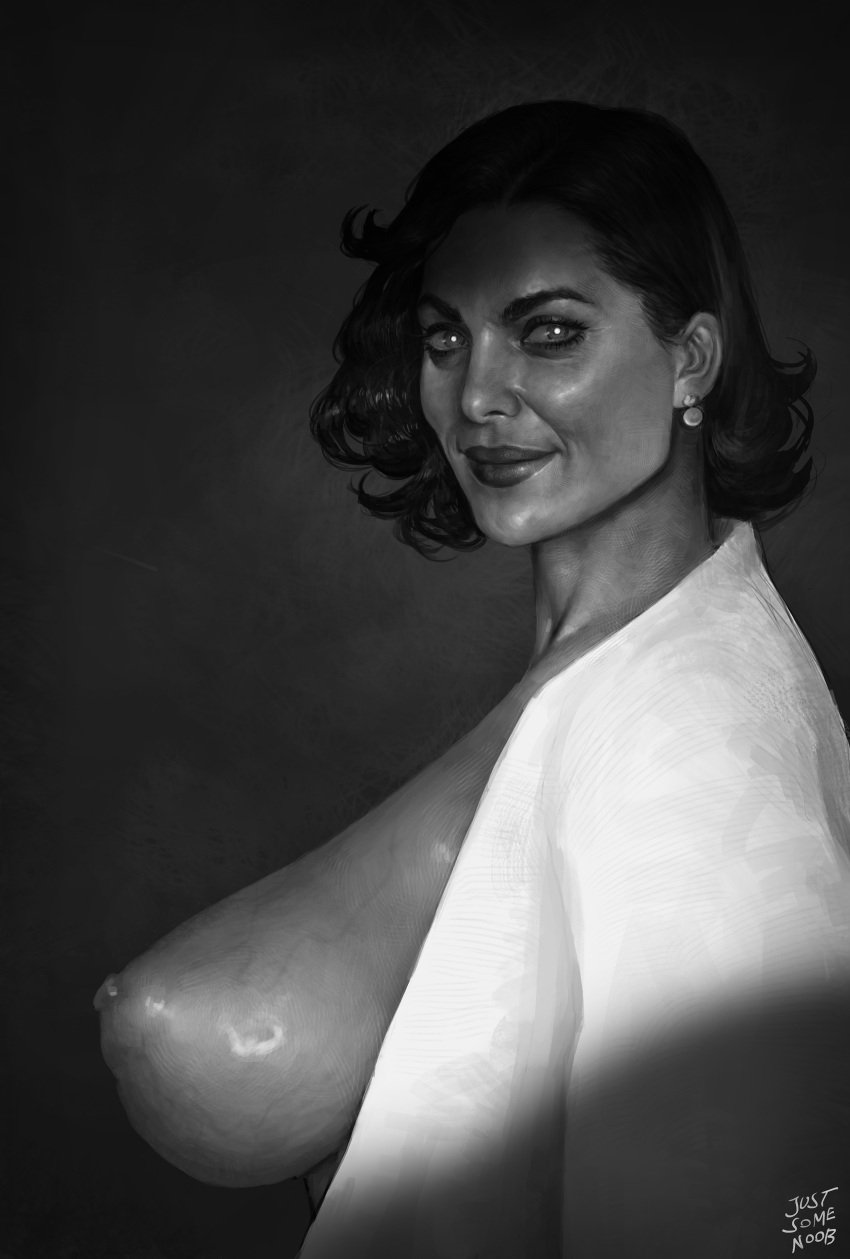 alcina_dimitrescu black_and_white grayscale greyscale justsomenoob monochrome painting_(artwork) resident_evil resident_evil_8:_village revealing_clothes sideboob tagme