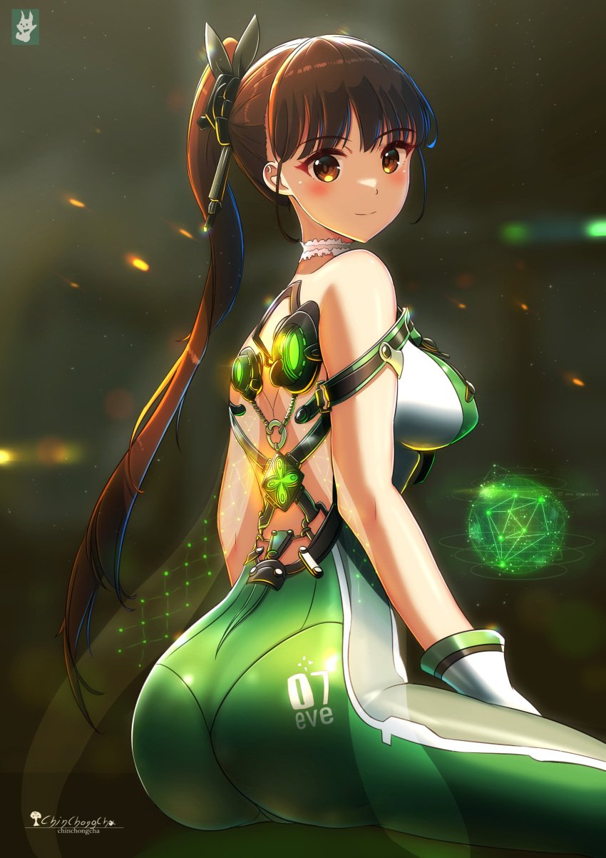 absurdres artist_logo ass bare_shoulders black_hair bodysuit breasts brown_eyes chinchongcha closed_mouth eve_(stellar_blade) female from_behind glowing green_bodysuit green_legwear hair_ornament hair_stick highres large_breasts light_smile long_hair looking_at_viewer looking_back multicolored_bodysuit multicolored_clothes planet_diving_suit_(7th)_(stellar_blade) ponytail signature silver_bodysuit simple_background sitting skin_tight smile solo stellar_blade very_long_hair white_bodysuit