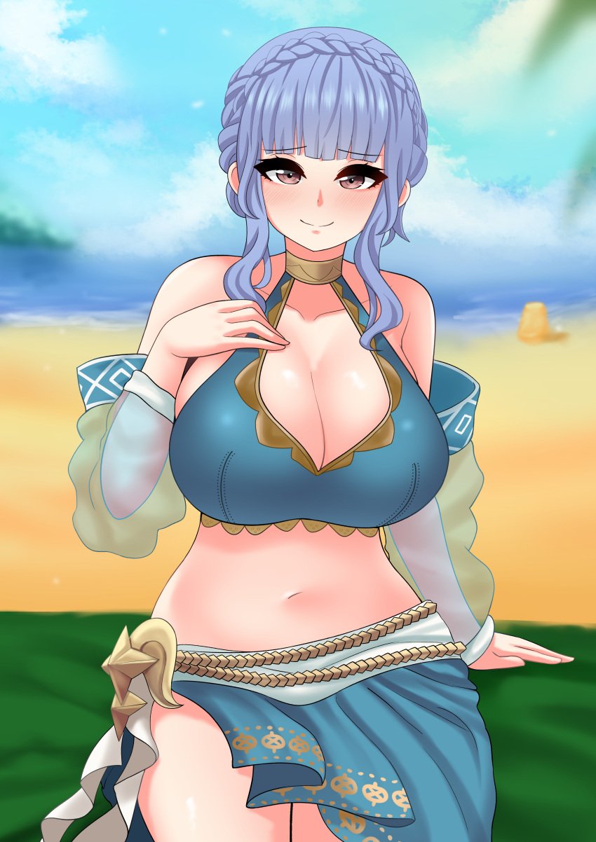 1girls absurdres alternate_costume beach bikini blue_bikini blue_hair blue_swimsuit blush braid breasts cleavage crown_braid female fire_emblem fire_emblem:_three_houses fire_emblem_heroes hand_on_own_chest highres huge_breasts light-skinned_female light_skin long_hair looking_at_viewer marianne_von_edmund marianne_von_edmund_(summer) navel nintendo ocean official_alternate_costume outdoors sand sarong short_hair sitting smile swimsuit the_only_shoe thick_thighs