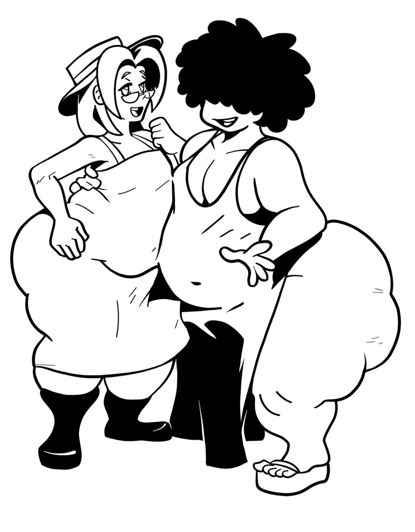 2boys afro ass belly black_hair bottomless bottomless_male chubby chubby_male dress fat glasses gus_(sssonic2) hair_covering_eyes hair_over_eyes hat hips large_ass line_art male male_focus male_only moobs nondelismell sandals stomach thick_thighs thighs wide_hips