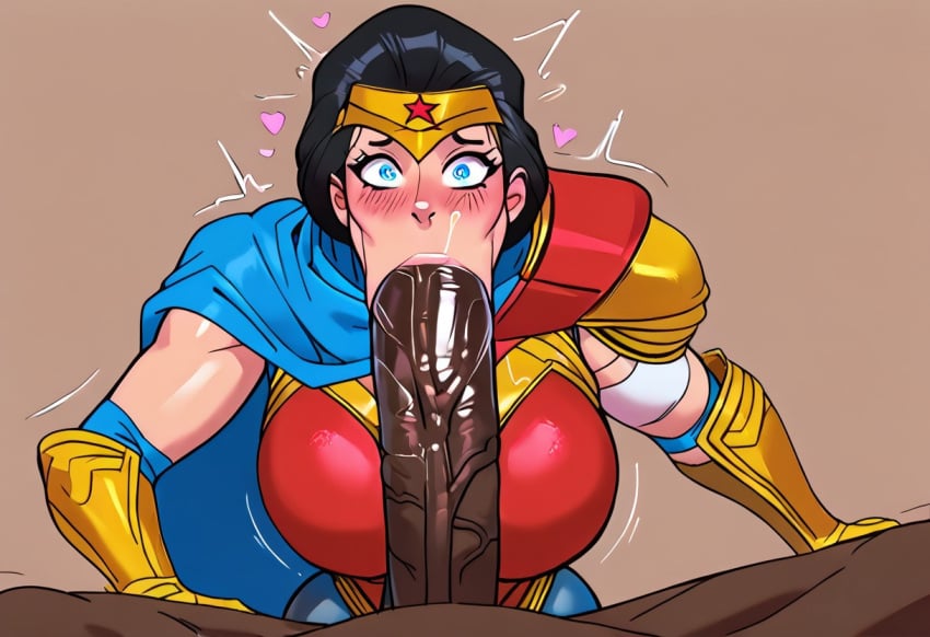 ai_generated amazon armored_female black_hair blowjob blue_eyes dark-skinned_male dc dc_comics diana_prince fellatio huge_cock hyper_penis interracial oral pale-skinned_female struggling will_of_ai wonder_woman wonder_woman_(suicide_squad_game)