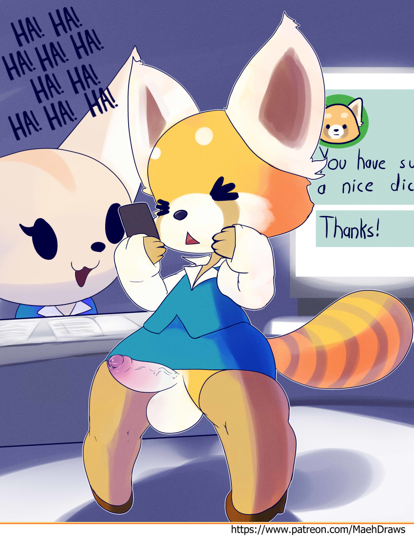 aggressive_retsuko anthro balls bottomless canine clothed clothing crossdressing embarrassed erection fennec fenneko foreskin fox humanoid_penis laugh maehdoggie male mammal office_lady office_man penis precum red_panda resasuke rule_63 smooth_fur trap uncut