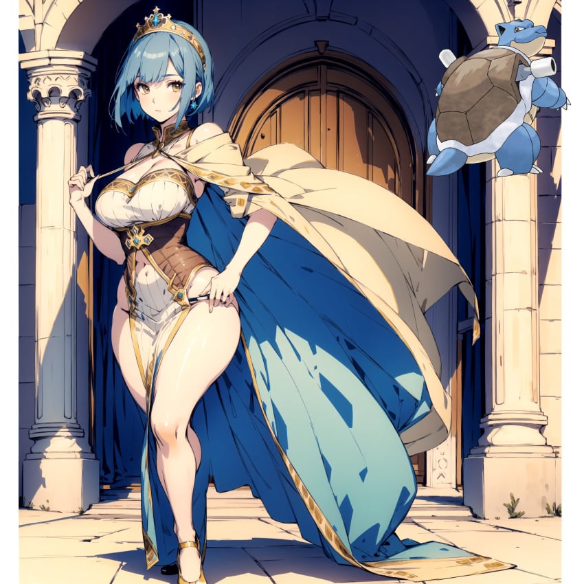 ai_generated blastoise blue_hair breasts brown_eyes castle curvy humanization nintendo pokemon pokewomen short_hair standing wide_hips