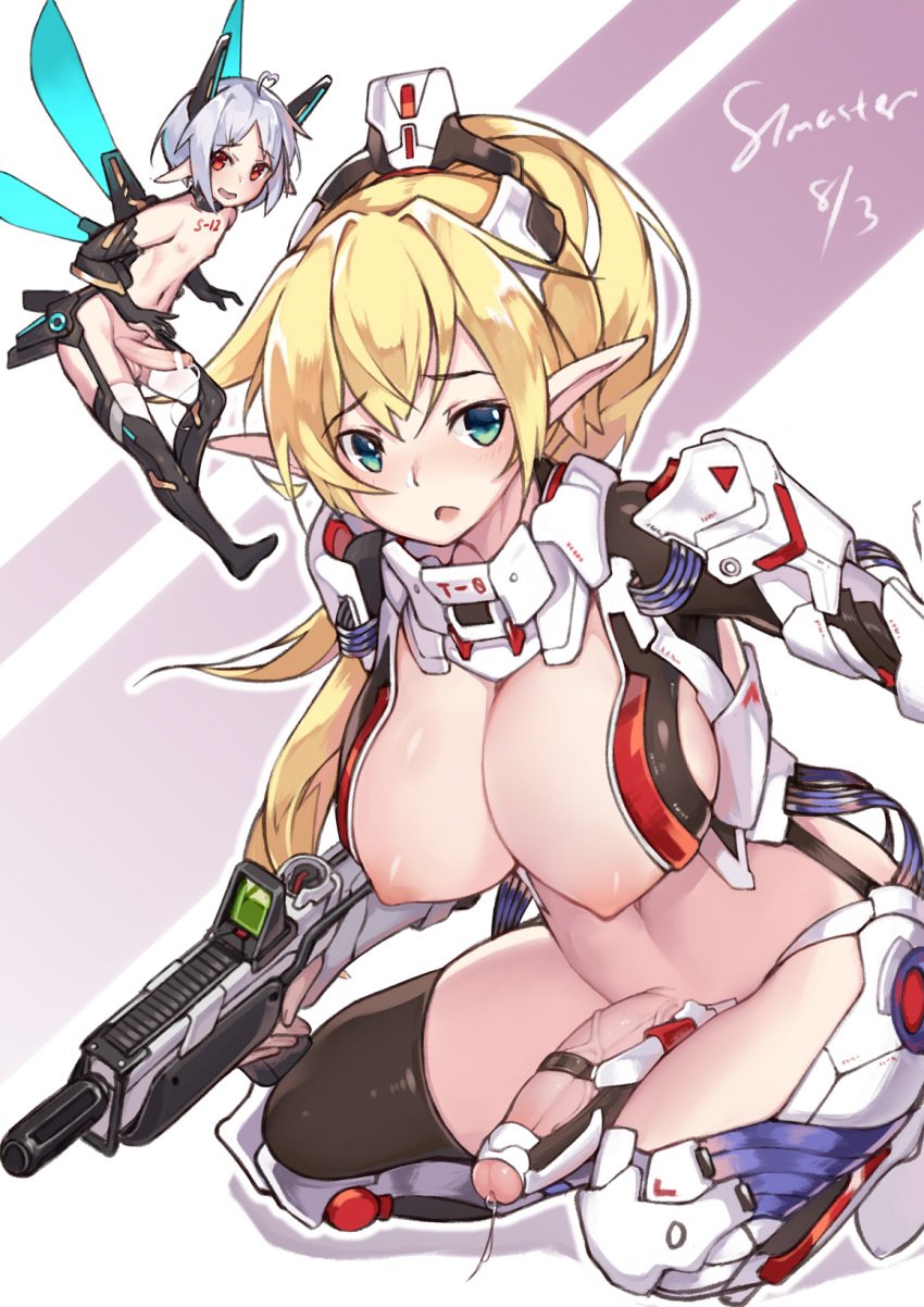 2girls blonde_hair breasts futanari green_eyes gun highres intersex large_breasts large_penis looking_at_viewer mecha_musume multiple_girls nipples open_mouth original penis personification pointy_ears red_eyes revealing_clothes small_breasts stmaster thighhighs trap weapon white_hair