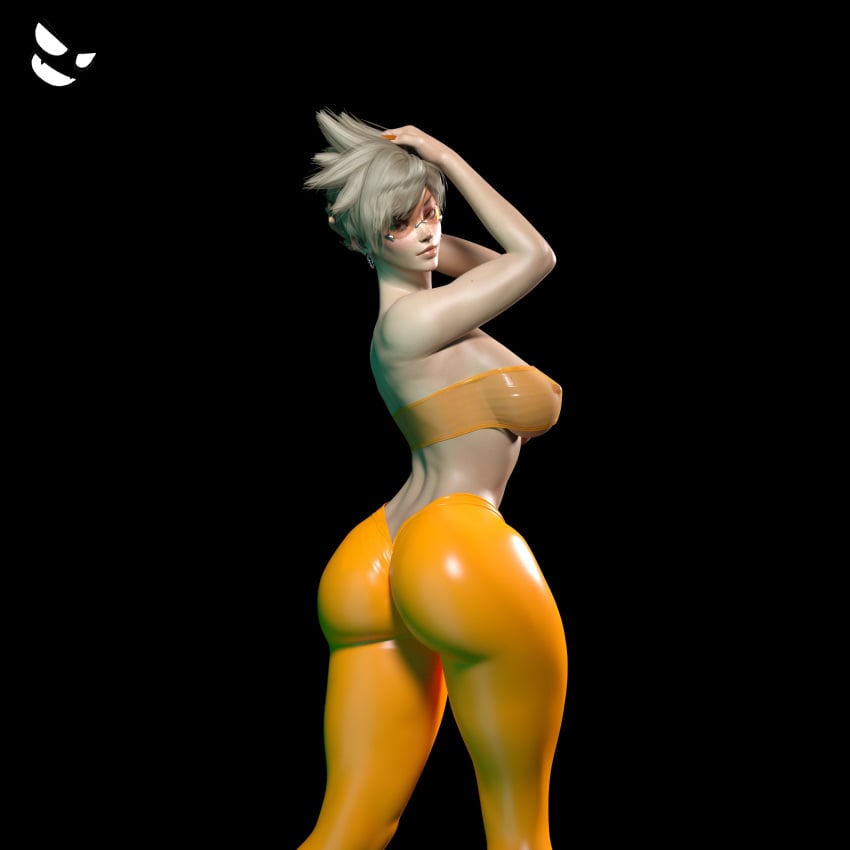 3d antifragile_traysi ass big_ass blizzard_entertainment gm_studios le_sserafim lena_oxton orange-tinted_eyewear overwatch overwatch_2 short_hair thick_thighs tights tinted_eyewear tracer