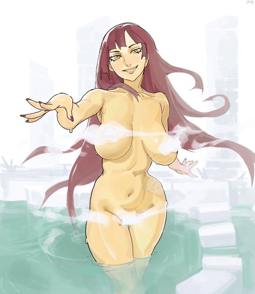 1girls big_breasts labslider long_hair nude onsen smile standing steam