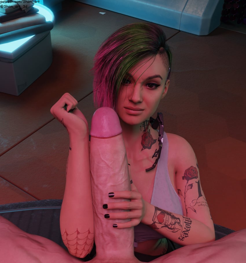 3d big_penis cyberpunk_2077 forearm_cock judy_alvarez light-skinned_male sham_art tattoo video_games