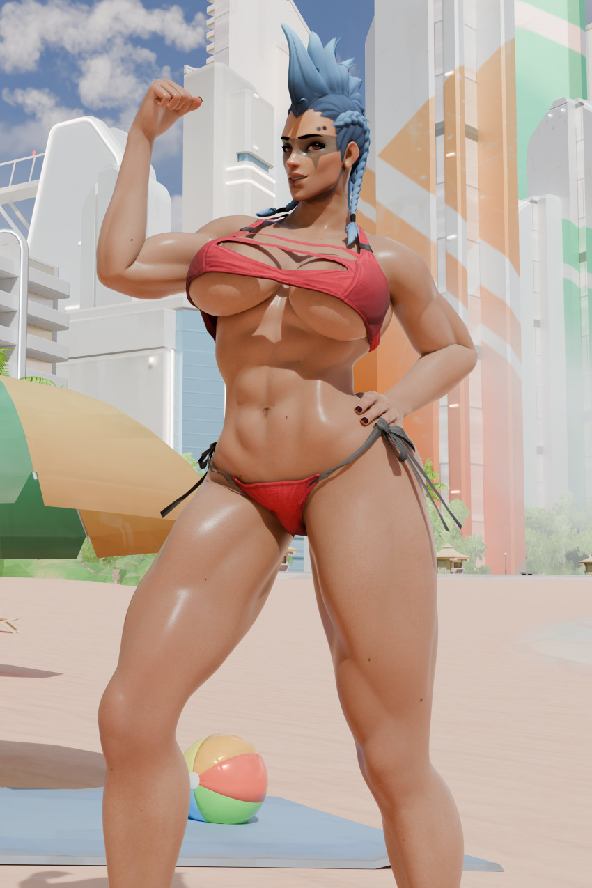 1girls 3d abs baby_blue_hair beach big_breasts bikini black_nails blizzard_entertainment blue_hair breasts burningastral earrings female female_focus female_only fit fit_female flexing inflatable junker_queen labret_piercing large_breasts looking_at_viewer mohawk muscular muscular_female odessa_stone overwatch overwatch_2 pierced_lip piercing red_eyes solo solo_female solo_focus swimsuit toned toned_female