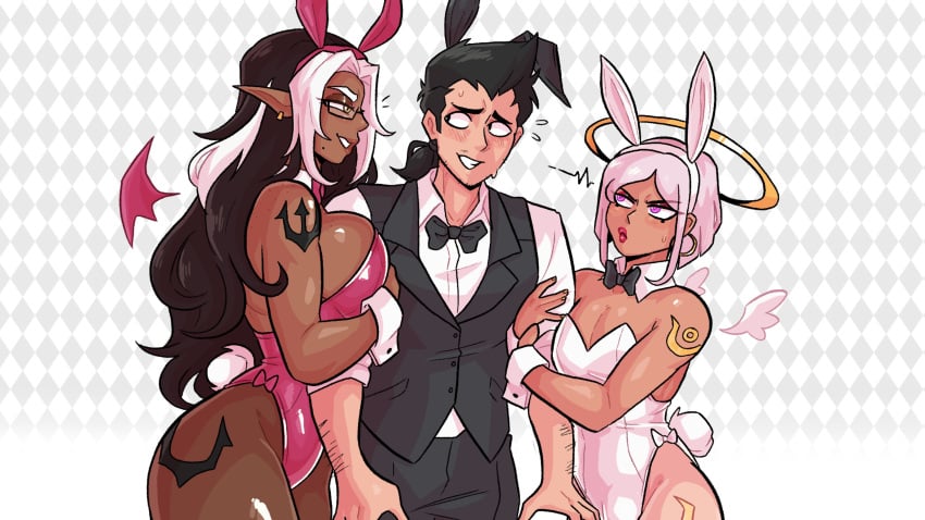 1girls 2boys absurd_res angel angel_boy anhel_(loggus_doggus) big_breasts bisexual_male black_eyes black_hair blush both_sexes_in_same_situation bunny_tail bunnysuit charlie_(loggus_doggus) dark-skinned_female dark_skin demon demon_girl detached_collar earrings female femboy girly glasses halo holding_arm human koni_(loggus_doggus) light-skinned_male light_skin loggus_doggus long_hair male mole mole_under_mouth multiple_boys narrowed_eyes neck_ribbon original pantyhose pointy_ears pout purple_eyes red_lipstick smiling suit tan_skin white_eyebrows white_hair white_highlights widescreen wings wrist_cuffs yellow_eyes