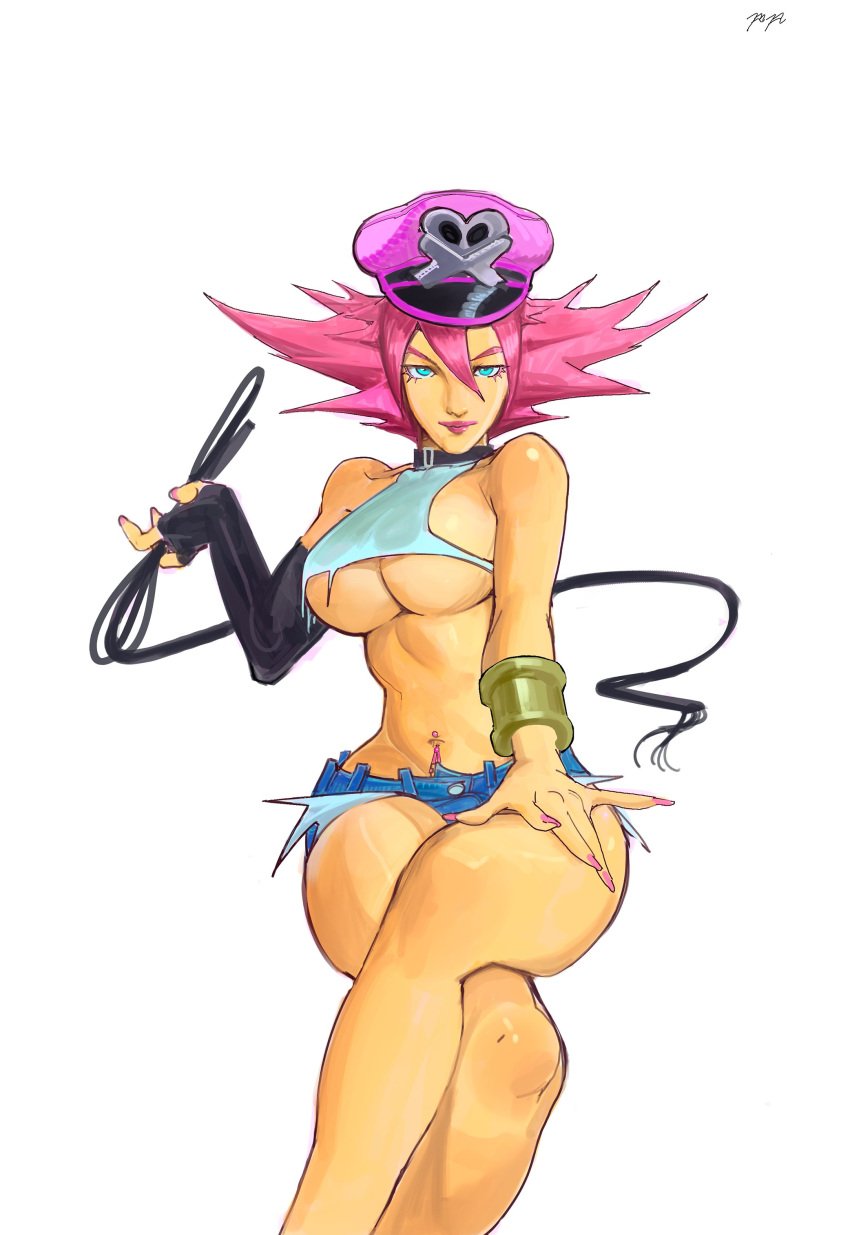 labslider medium_breasts pink_hair poison_(final_fight) sitting solo underboob white_background