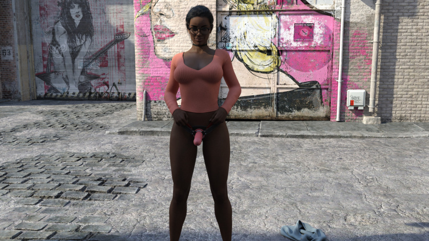 3d backstreet dark-skinned_female dark_hair dark_skin dildo glasses looking_at_viewer pink_dildo smile spodvohomg strap-on strapon street