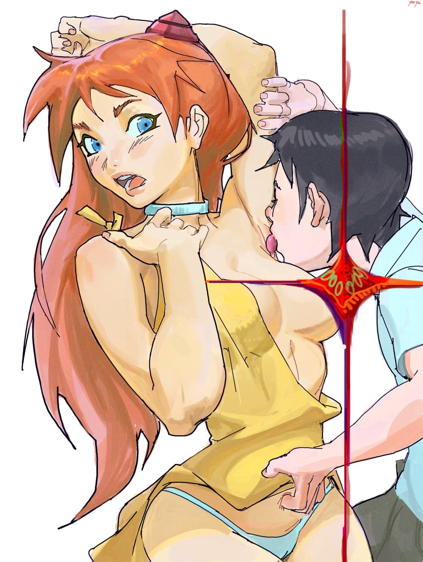 1boy 1girls armpit_licking asuka_langley_sohryu bare_shoulders cleavage dress groping labslider navel_fetish navel_penetration neon_genesis_evangelion shinji_ikari sleeveless sleeveless_dress sundress yellow_dress