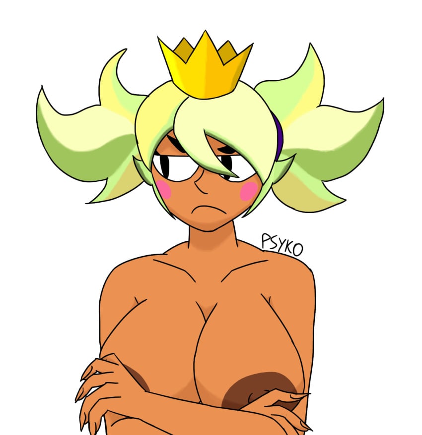 areola arms_crossed artist_name artist_signature big_breasts black_eyes brawl_stars breasts completely_nude completely_nude_female crossed_arms crown dark-skinned_female dark_skin green_hair hmph large_breasts looking_away mandy_(brawl_stars) nails naked nude nude_female pointy_nose ponytail psyko simple_background white_background