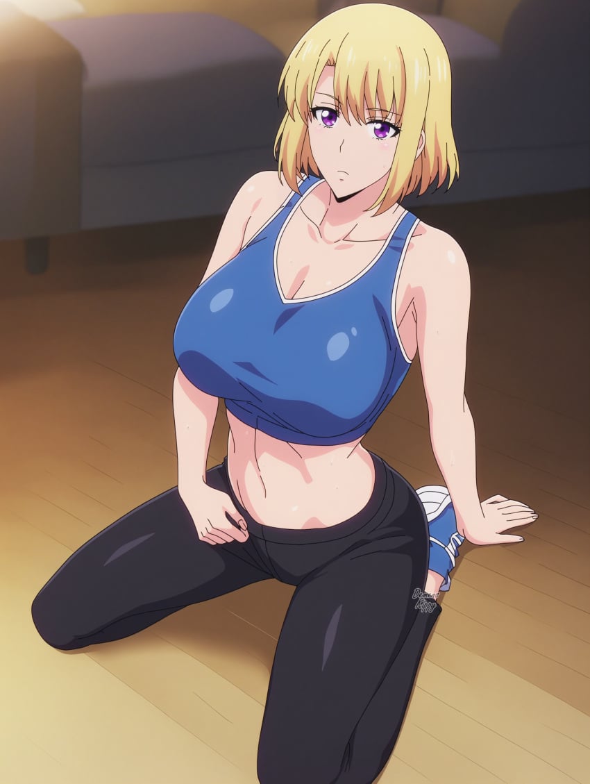 1female 1girls ai_generated athletic athletic_female bangs blonde_hair breasts cha_hae_in demens_kippy female female_only hand_behind_back hi_res highres large_breasts leggings looking_at_viewer short_hair solo solo_female solo_leveling sportswear spread_legs very_high_resolution violet_eyes wariza