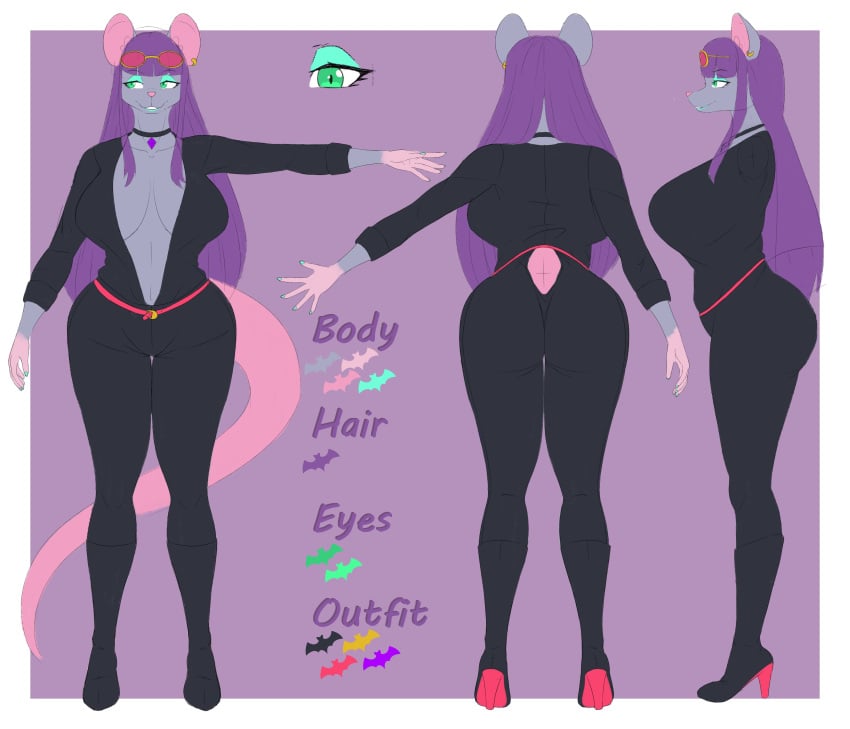 1girls 2022 absurd_res anthro ass big_breasts blue_eyeshadow blue_lipstick bodysuit character_sheet choker color_palette dulce_ratoncita english_text female female_only green_eyes grey_body heel_boots inner_sideboob long_hair mary_(dulce_ratoncita) murid murine purple_hair rat rodent solo sunglasses_on_head tail text