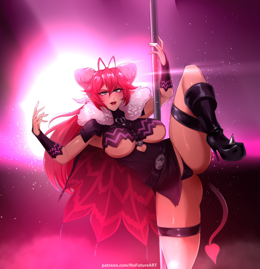 1girls areola_slip asmodeus_(nanatsu_no_taizai) bent_leg blush breasts demon demon_girl demon_horns demon_tail female female_only green_eyes heel_boots hi_res horns legband looking_at_viewer nofuture panties pointy_ears pole pole_dancing red_hair sin_nanatsu_no_taizai solo splits standing_on_one_leg standing_split tail thick_thighs underboob