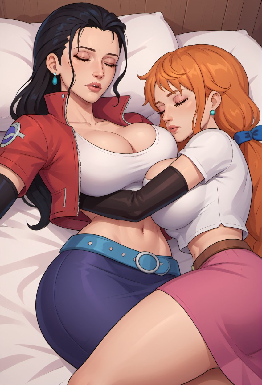 ai_generated black_hair clothed cuddling cute female female_only lying mexkwigo nami nami_(one_piece) nico_robin one_piece orange_hair post-timeskip